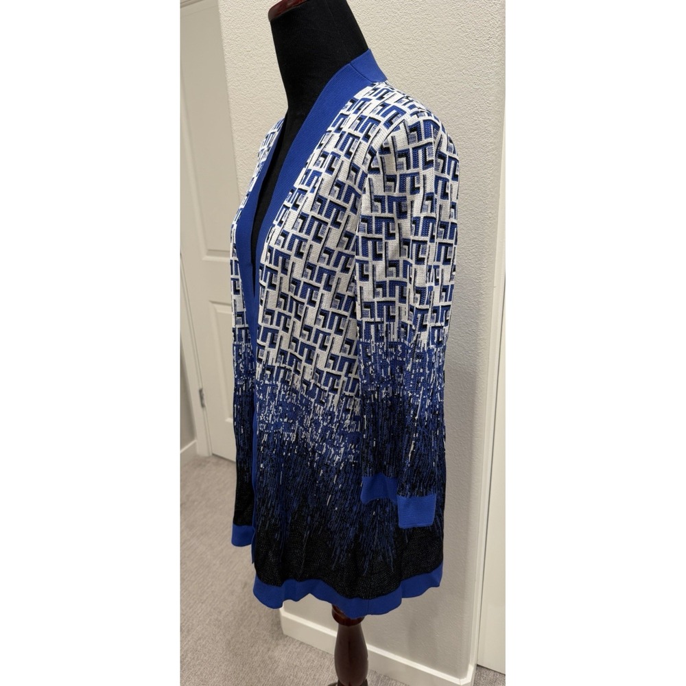 Misook Women's Geometric Knit Cardigan Blue & White Sweater Open Front S - Picture 2 of 6